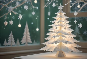 papercut origami, White Christmas tree filled with intricate silver and white ornaments, illuminated by soft, blurred pastel lights. The scene captures winter wonderland aesthetic with snowflakes