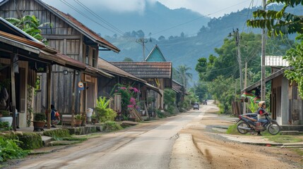 Obraz premium A rural village street with old wooden houses and locals going about their day