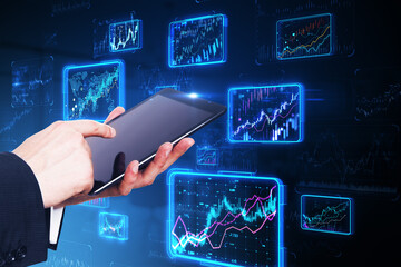 A person analyzing financial charts on a tablet, digitally enhanced, with a futuristic blue and black background, illustrating a data analysis concept
