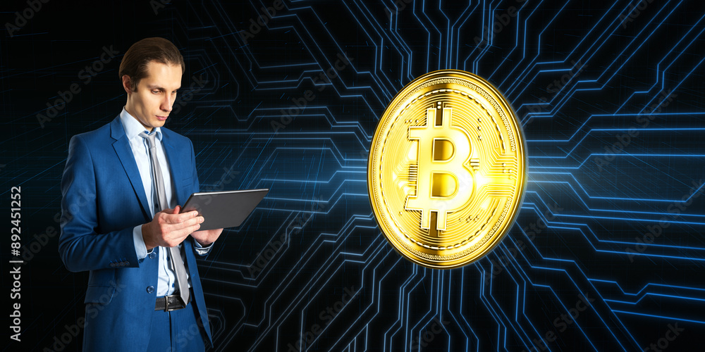 Poster A businessman using a tablet with a large Bitcoin symbol on a digital circuit board background, depicting the concept of cryptocurrency