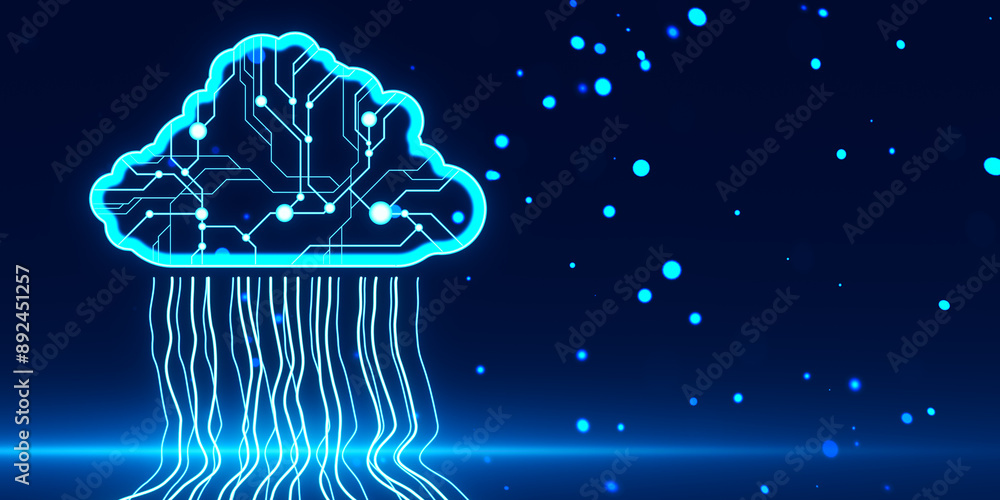 Poster A glowing blue circuit board in the shape of a brain, representing artificial intelligence, on a dark blue background with light particles. 3D Rendering