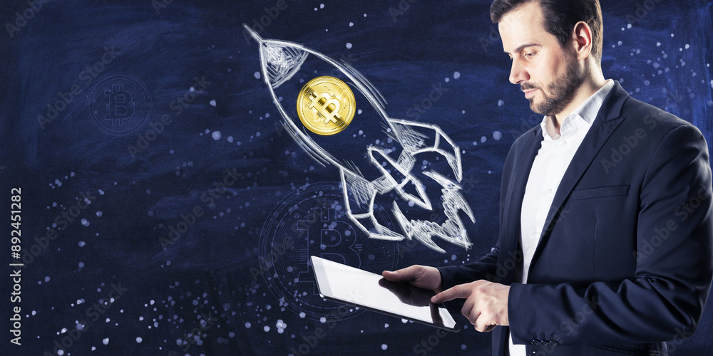 Poster a man in a suit launching a bitcoin symbol with a futuristic rocket sketch on a chalkboard backgroun