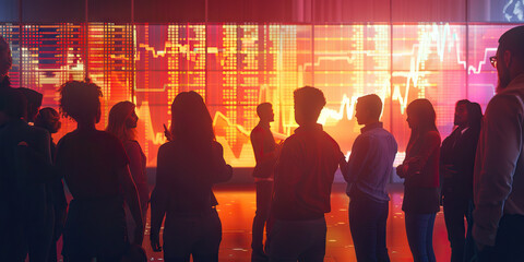 The Rising Tide of Demand: A group of people standing around a large screen, observing market data in a conference room