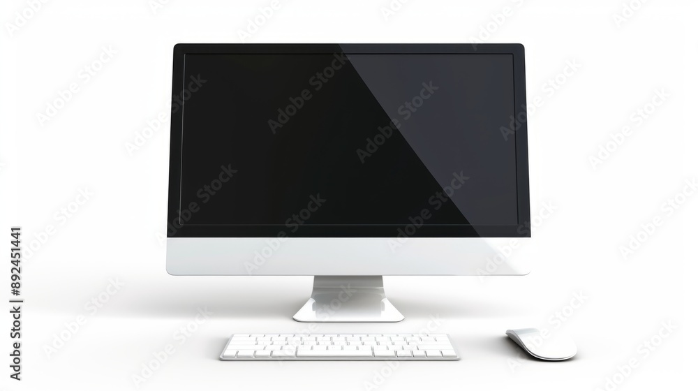Poster minimalistic white desktop computer with large black monitor screen, white keyboard, and white mouse