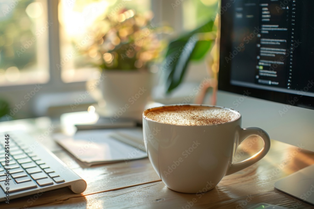 Poster a cup of coffee on a desk with a computer and keyboard