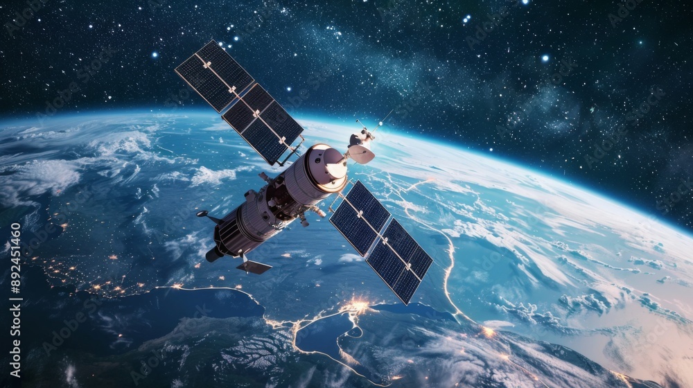 Aufkleber a satellite orbiting earth and transmitting data, representing space exploration technology