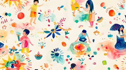 Playful Diwali Children Creating Rangoli Patterns and Paper Streamers in a Verdant Garden