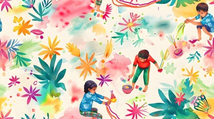 Playful Diwali Children Creating Rangoli Patterns and Paper Streamers in a Verdant Garden