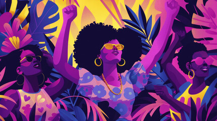 Three women with dark skin and afro hair dance amongst vibrant tropical foliage