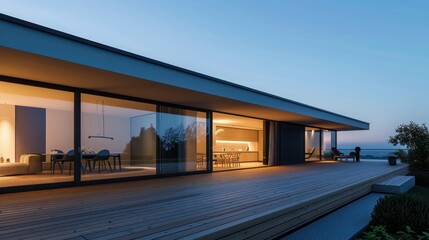 Fototapeta premium Minimalist suburban home with a focus on large glass panels and a streamlined wooden deck at dusk