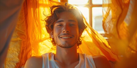Smiling boy in white t-shirt looking out window with sunlight filtering through curtains
