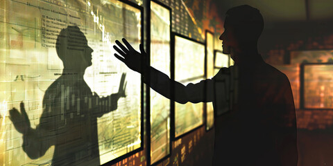 The Invisible Hand at Work: A shadowy figure, cast by a dim overhead light, gesturing towards a row of framed economic indicators