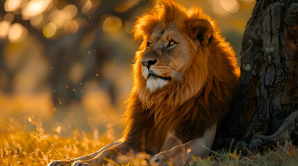 Naklejka premium Lion relaxing in the African Savanna at sunset