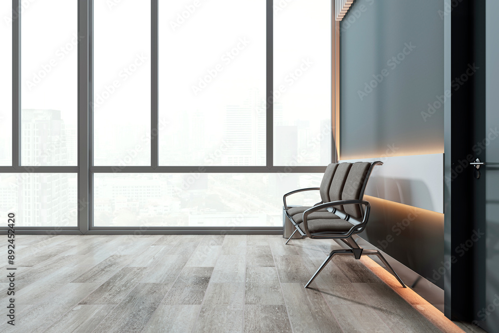 Aufkleber An empty modern hallway with a chair by large windows overlooking a cityscape, representing a waiting area. 3D Rendering