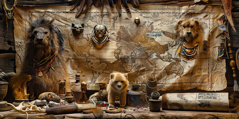 The Wild Civilization: Tribal artifacts and intricate maps adorn a rustic wooden table, surrounded by furry companions.