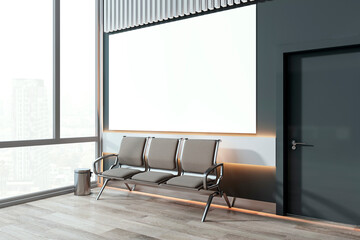 Modern office hallway with a row of seats and a blank white poster on a wall, illuminated by natural light from large windows. 3D Rendering