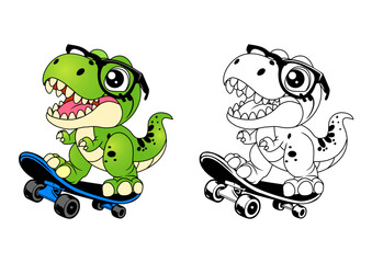 A cute and funny T-rex dinosaur character is skateboarding and wearing sunglasses