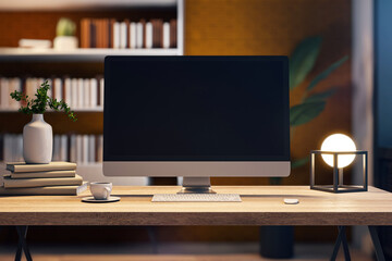 Modern computer monitor on a wooden desk with books, decorative plant, and lamp, depicting a cozy office workspace against a bookshelf background. 3D Rendering