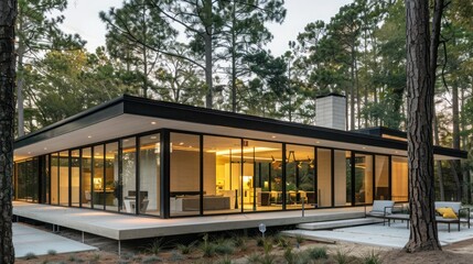 Fototapeta premium Minimalist suburban home with expansive glass panels and a secluded patio area, nestled among tall pines Include copy space for text