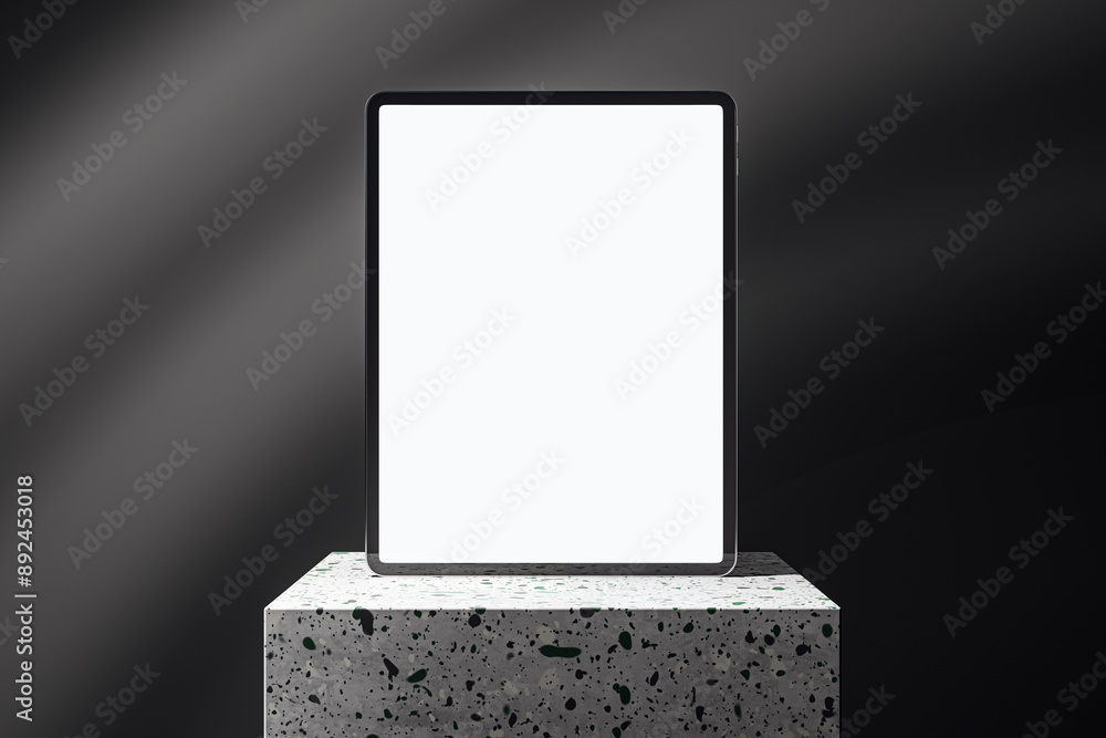 Poster A mockup of a digital tablet on a terrazzo pedestal with a dark gradient background, concept of web presentation. 3D Rendering