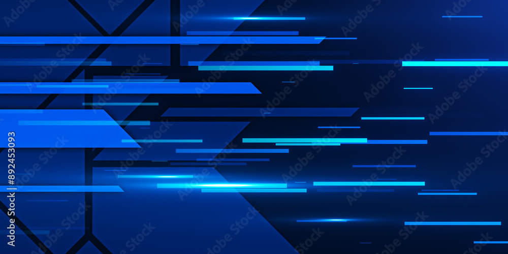 Poster An abstract digital graphic with dynamic blue lines and geometric shapes on a dark blue background, concept of technological innovation. 3D Rendering