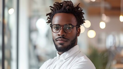 Fototapeta premium Bearded man with glasses and crossed arms, sporting a confident smile