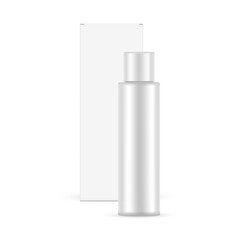 Tall Plastic Cosmetic Bottle With Packaging Box, Front View, Isolated On White Background. Vector Illustration