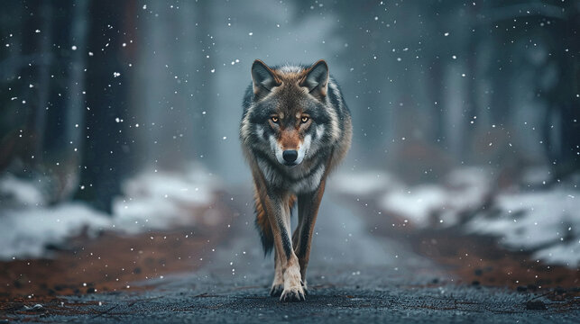 Wolf walking in the snow towards the camera on a dark forest winter road. 