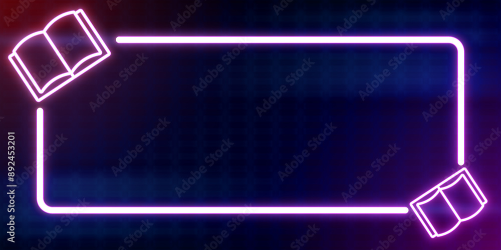 Poster Neon-style outline of a book and rectangular frame on a dark blue grid background, concept of learning and technology. 3D Rendering