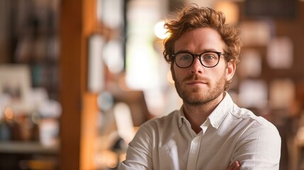 Fototapeta premium Bearded man with glasses and crossed arms, sporting a confident smile