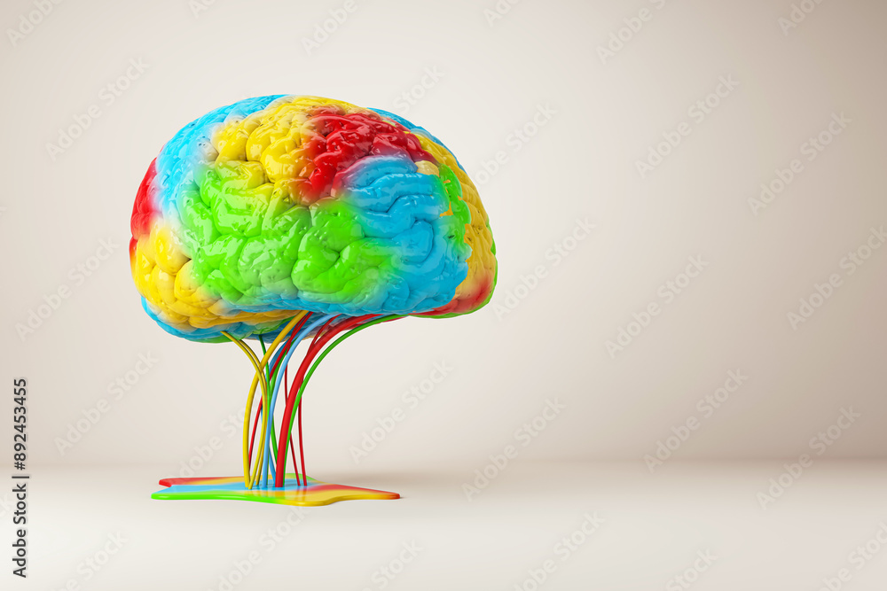 Poster colorful brain model with connected cords on a beige background, creative concept of mind and techno