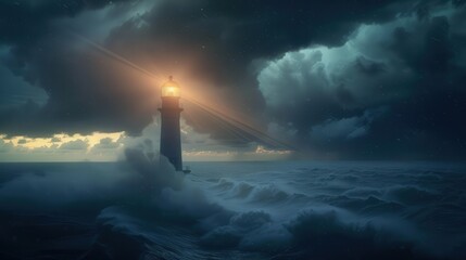 A lighthouse stands tall against the backdrop of storm clouds, its beam of light cutting through the darknes