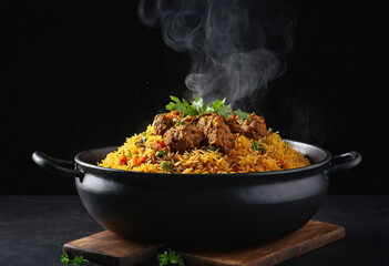Rice with meat, bulgur,Uzbek steamed pilaf in a black bowl and butter served on a wooden table ready to eat. Generative AI