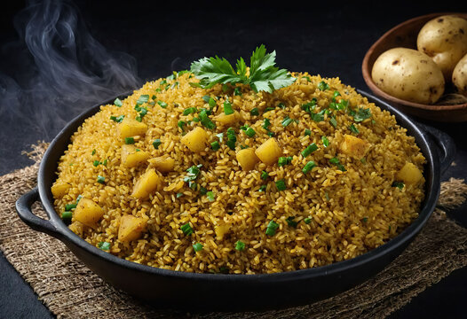 Rice with meat, bulgur,Uzbek steamed pilaf in a black bowl and butter served on a wooden table ready to eat. Generative AI