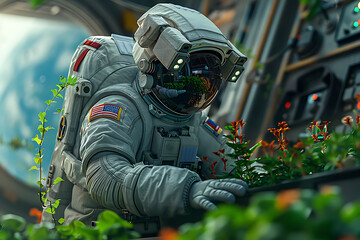 Fototapeta premium On a space orbital station, experimental crops are being cultivated in microgravity. An astronaut is researching plant growth, representing a technological breakthrough and planetary expansion