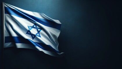 The flag of Israel on a dark blue background. Space for text.