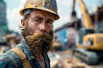 A man with a yellow hard hat and a beard is standing in front of a construction site. He is wearing a blue shirt and a plaid jacket