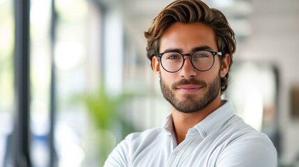 Fototapeta premium Bearded man with glasses and crossed arms, sporting a confident smile