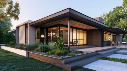 Fototapeta premium Modern home exterior with sleek lines, a covered porch, and integrated planters for a touch of greenery