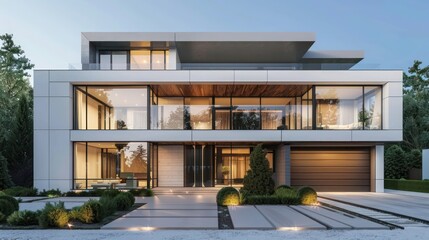 Fototapeta premium Modern home with a minimalist front view, featuring large windows, a flat roof, and a discreet garage