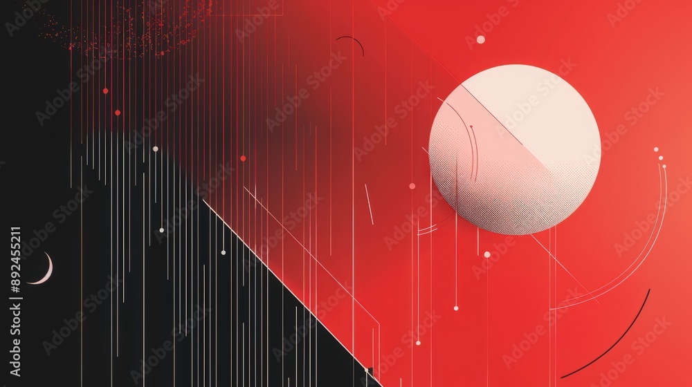 Poster a minimalist background with a schematic design in white lines on a red and black gradient