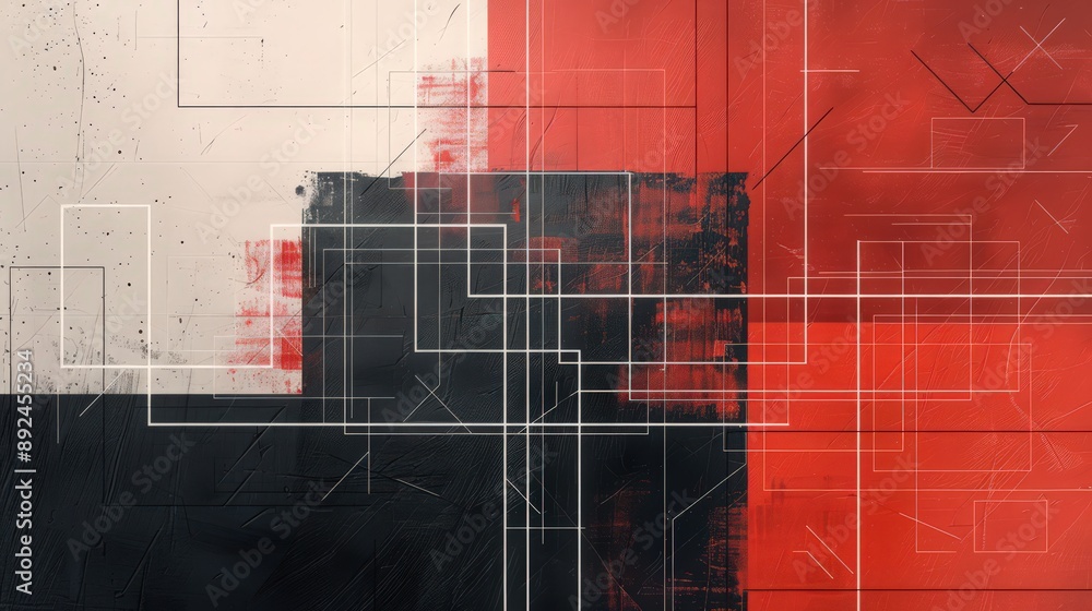 Poster a minimalist background with a schematic design in white lines on a red and black split.