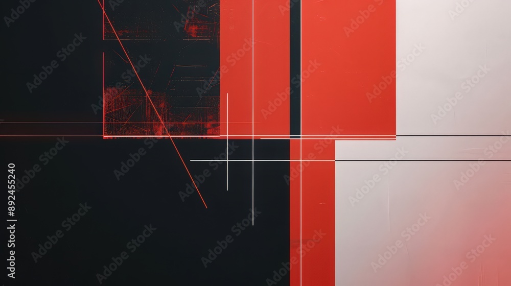 Poster a minimalist background with a schematic design in white lines on a red and black split.