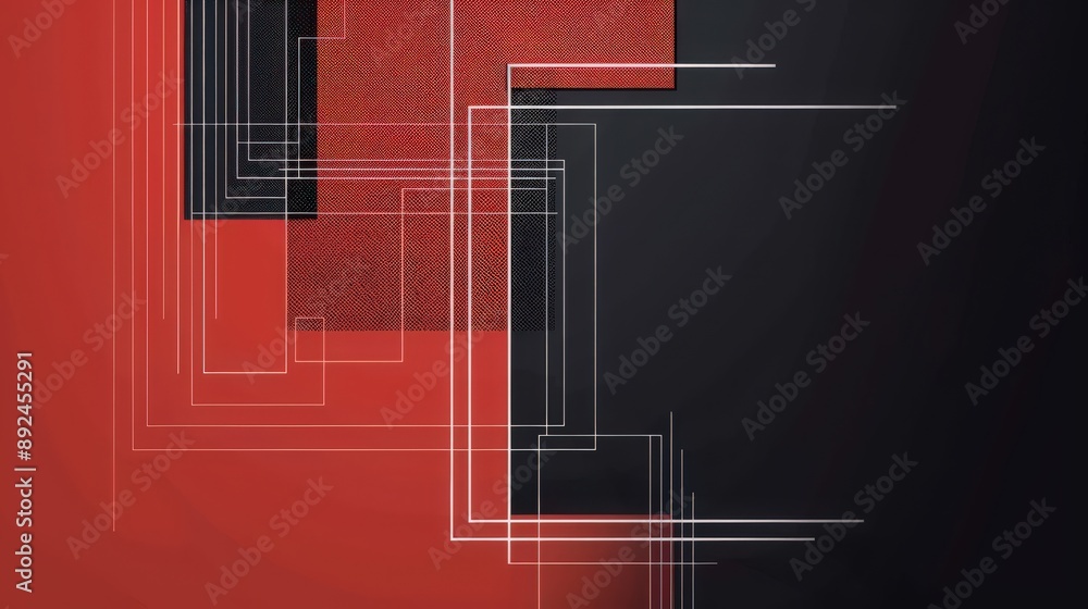 Poster a minimalist background with a schematic design in white lines on a red and black split.