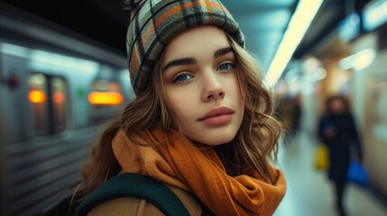 A woman in a sun hat and electric blue coat is seated on a train