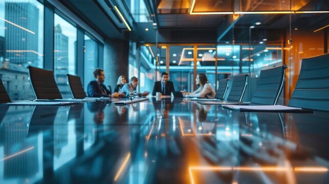 team of directors conducting a project review meeting, discussing progress and challenges in a sleek, modern boardroom