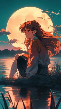 Dreaming cute anime girl in romantic summer evening