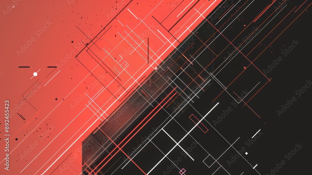 Poster a minimalist background with a schematic design in white lines on a red and black color scheme. the 