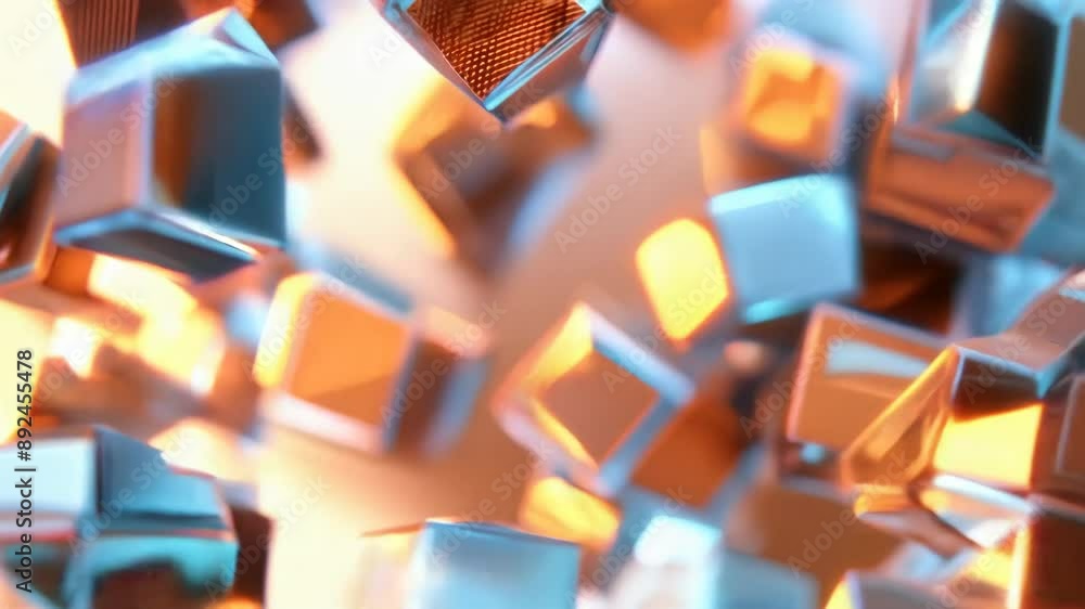 Poster abstract 3d render of floating glass cubes with a reflective surface in warm and cool lighting