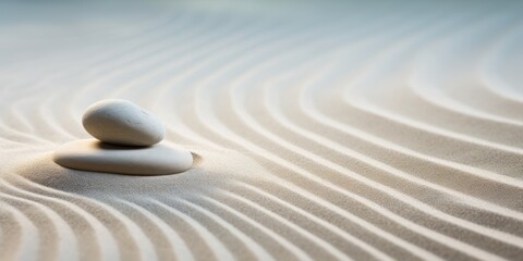 A serene Zen garden with Stones With Lines On Sand - Spa Therapy - Purity Harmony and Balance for Meditation or Relaxation Concept. copy space for text or design elements